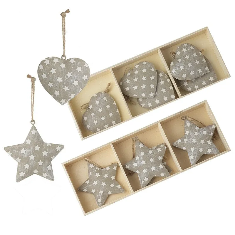 Grey Metal Hanging Star/ Heart Tree Decoration Set