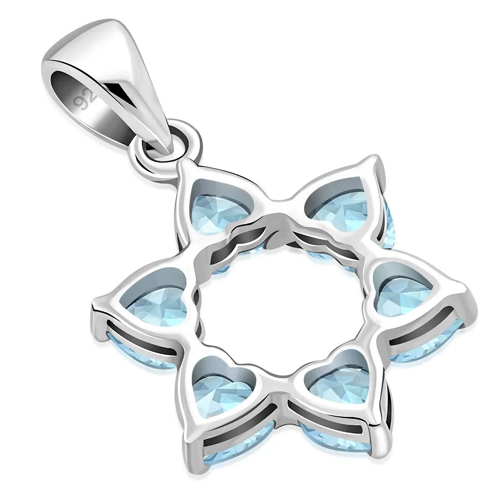 Heart Shape Blue Topaz CZ Star of David Silver Pendant