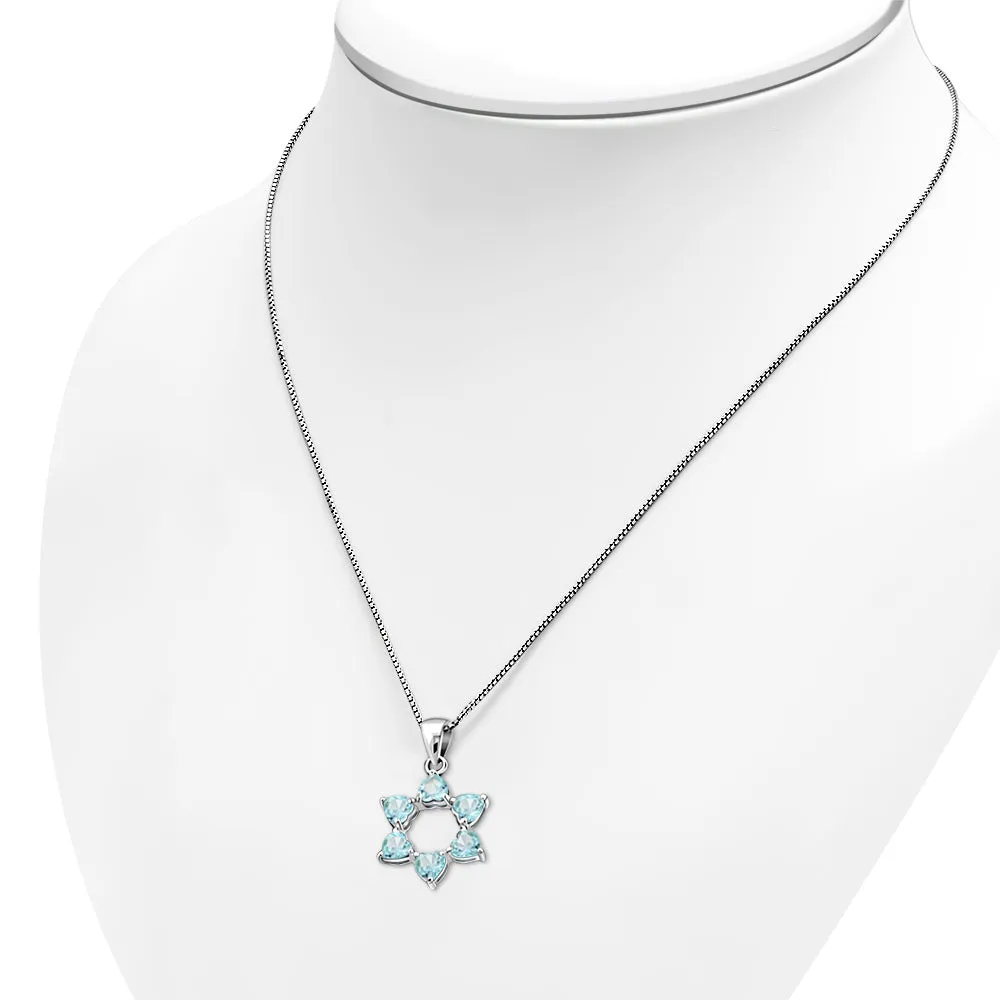 Heart Shape Blue Topaz CZ Star of David Silver Pendant