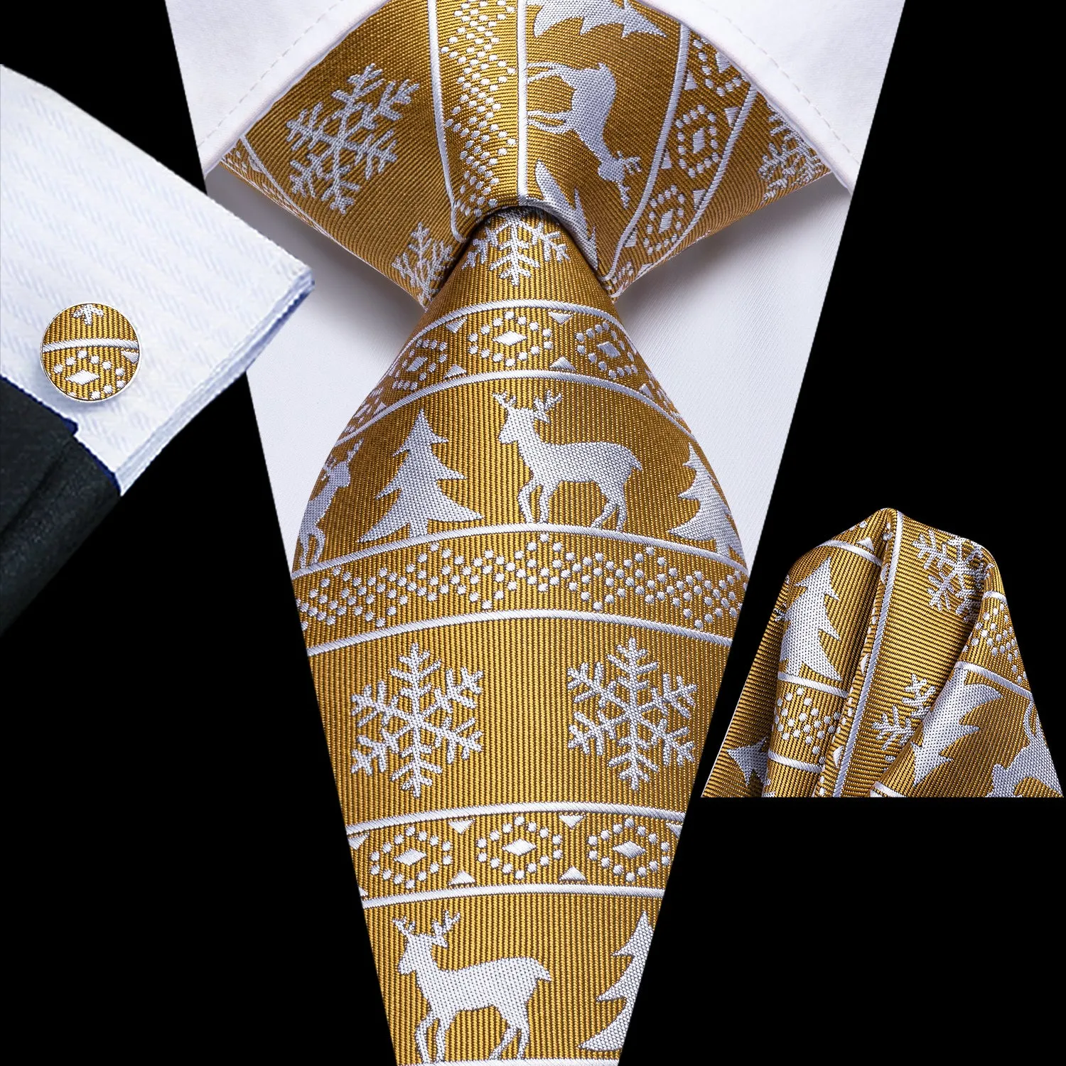 Hi-Tie Golden White Elk Christmas Necktie Pocket Square Cufflinks Set