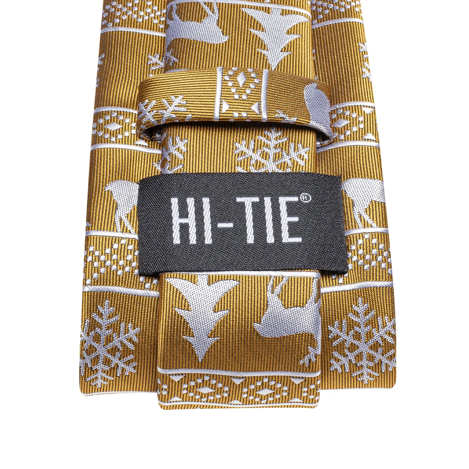 Hi-Tie Golden White Elk Christmas Necktie Pocket Square Cufflinks Set