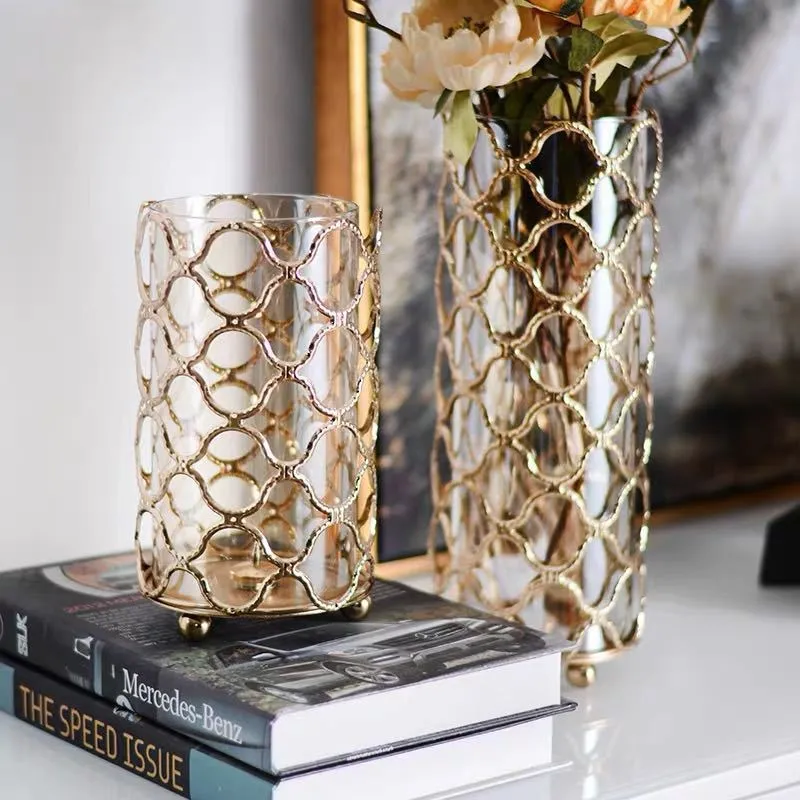 Hollow Out Golden Metal Glass Flower Vase