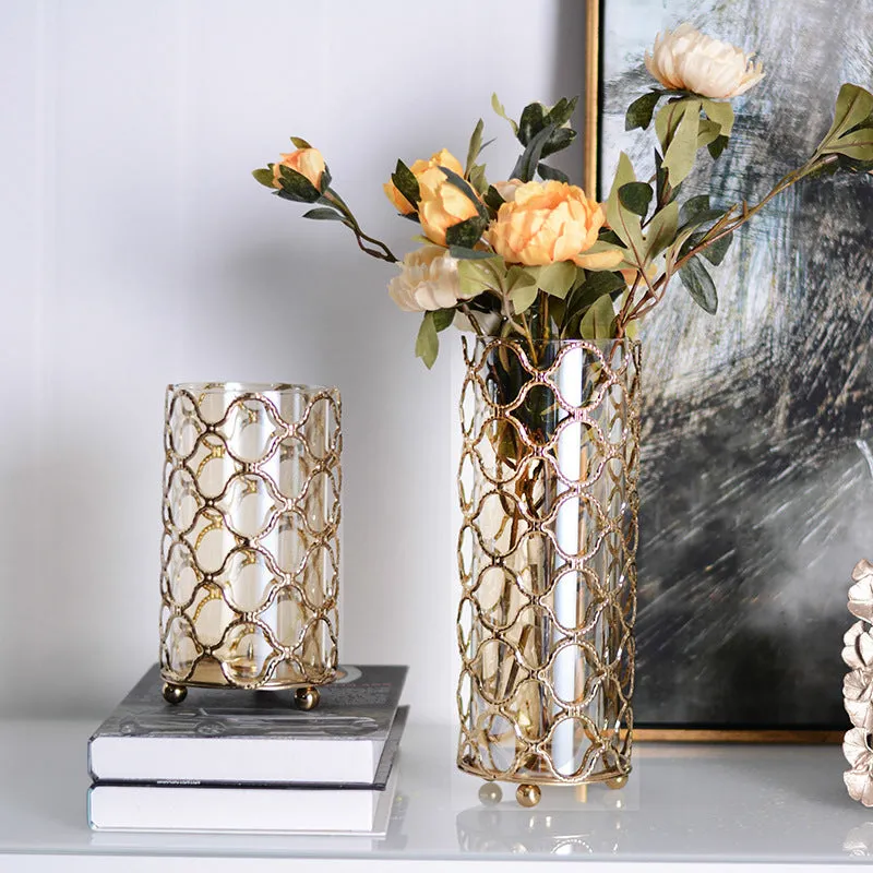 Hollow Out Golden Metal Glass Flower Vase