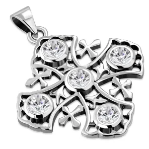 Jerusalem Cross Silver Pendant set w/ Clear CZ