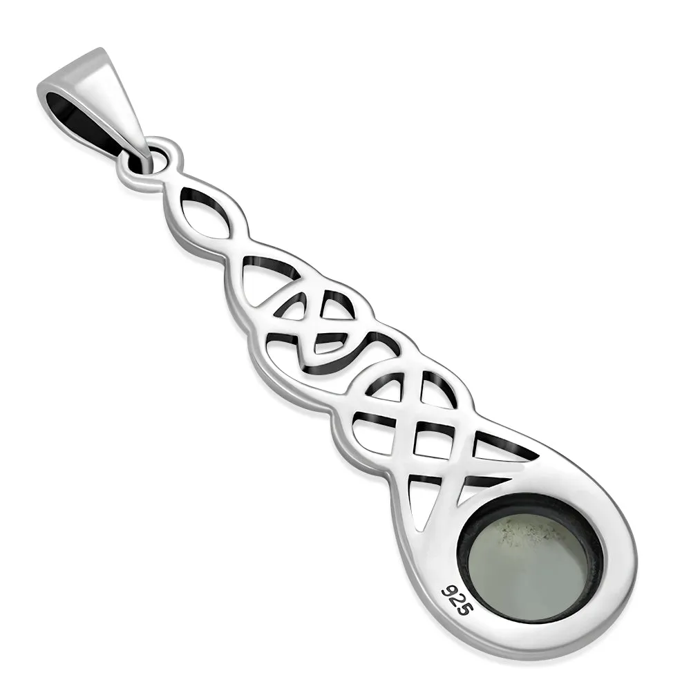 Long Celtic Silver Pendant set w/ Rainbow Moon Stone