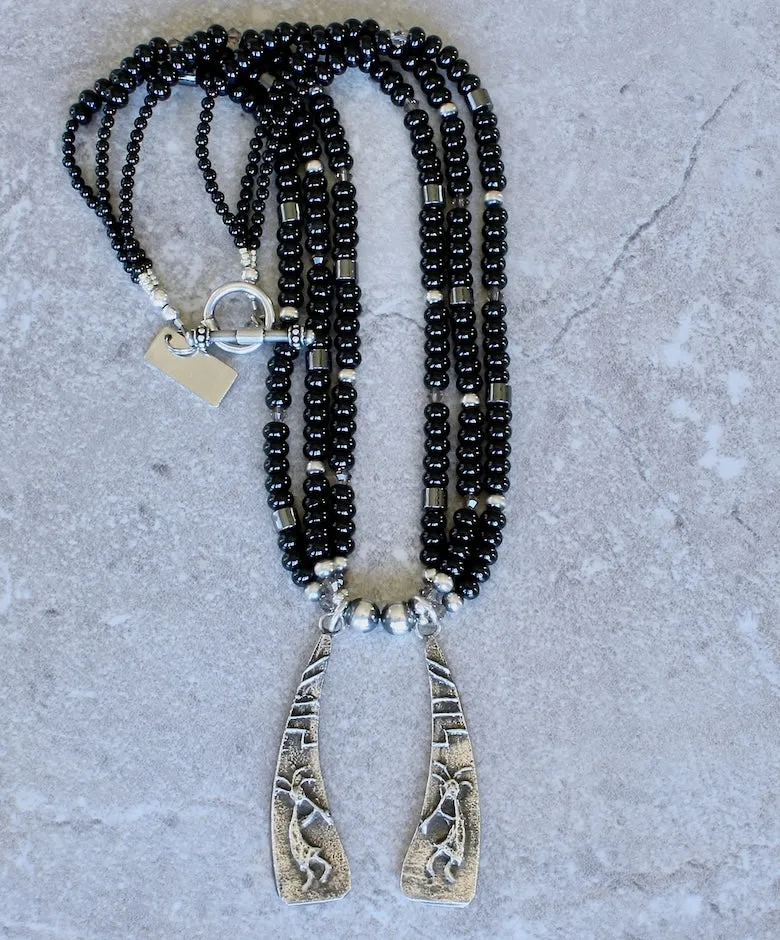 Merle House Sterling Silver Tufa Cast 2-Pendant Necklace with 3 Strands of Onyx Rondelles, Oxidized Sterling Silver, Hematite, Crystal and a Sterling Silver Toggle Clasp