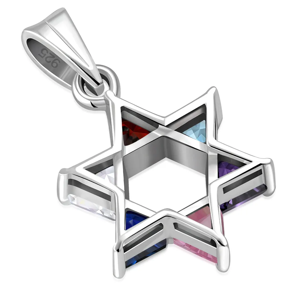 Mix Color CZ Medium Star David Pendant Sterling Silver