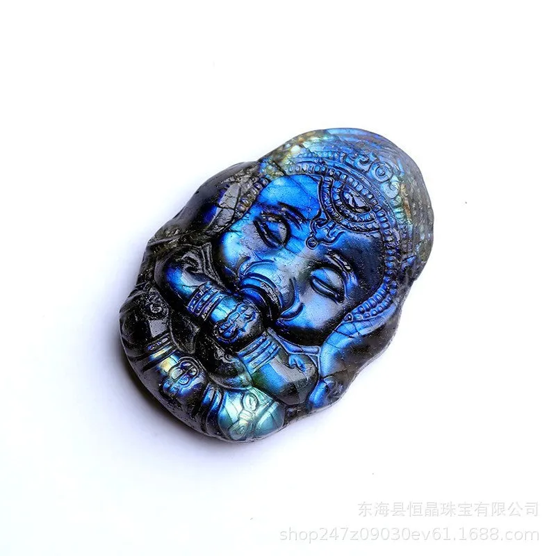 Natural Labradorite Raw Crystal Carving Blue Light Elephant Baby Decorative Meditation Crystal Ornament Pendant