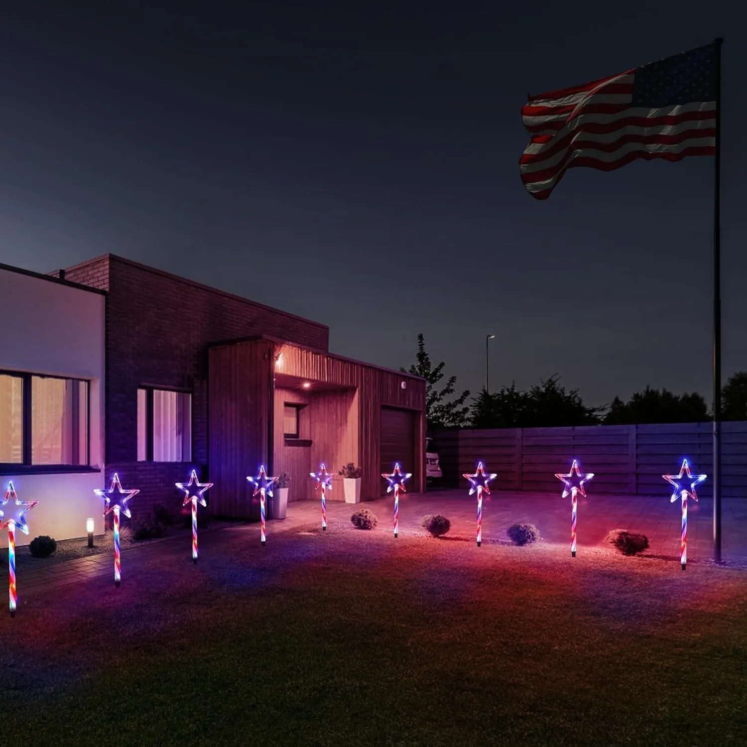 Patriotic Solar Pathway Lights – 4PCS Red, White & Blue Star Decorations with Waterproof Lighted Stakes and 8 Modes for 4th of July and Christmas Outdoor Decor