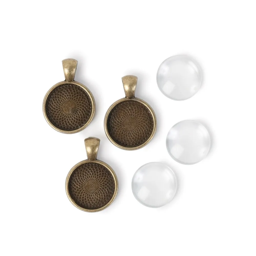 Picture Frame Pendants - Round, Antiqued Goldtone, for 18 mm Pictures - Set of Three