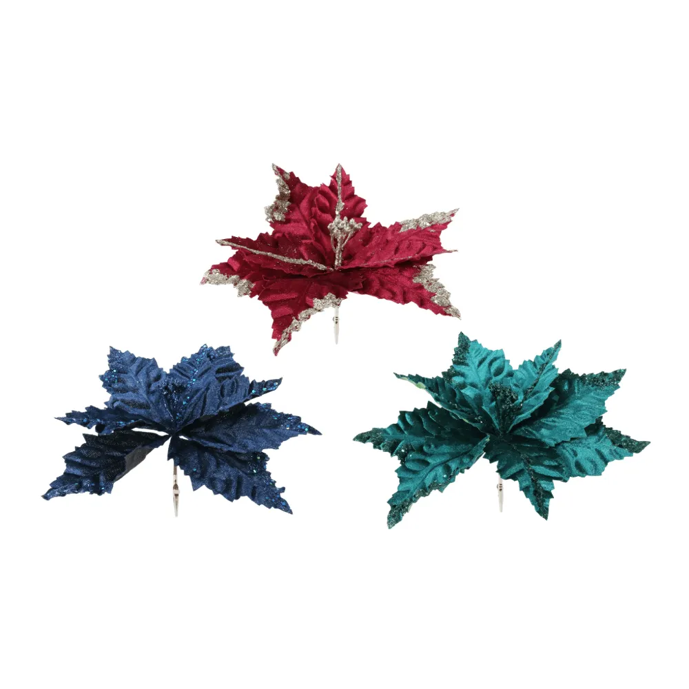 Poinsettia Rich Embossed Velvet Clip Asst