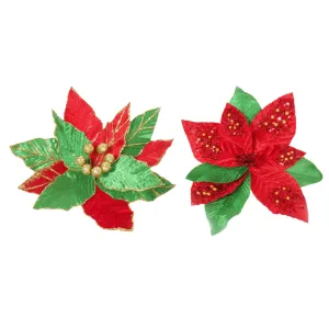 Red and GreenVelvet Poinsettia Clip Asst