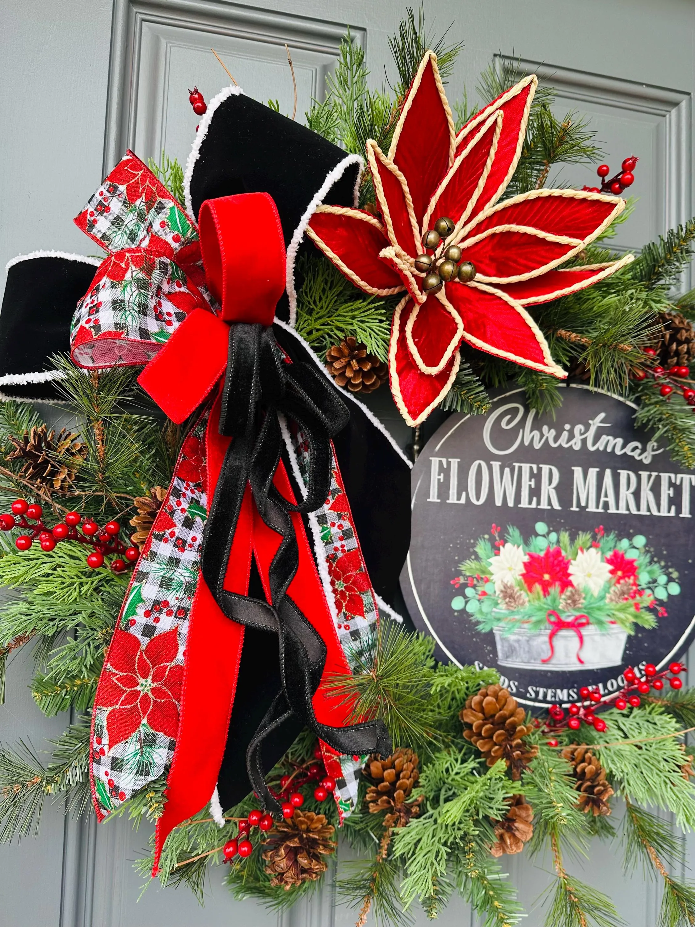 Rustic Christmas Wreath with Metal Flower Shop Sign