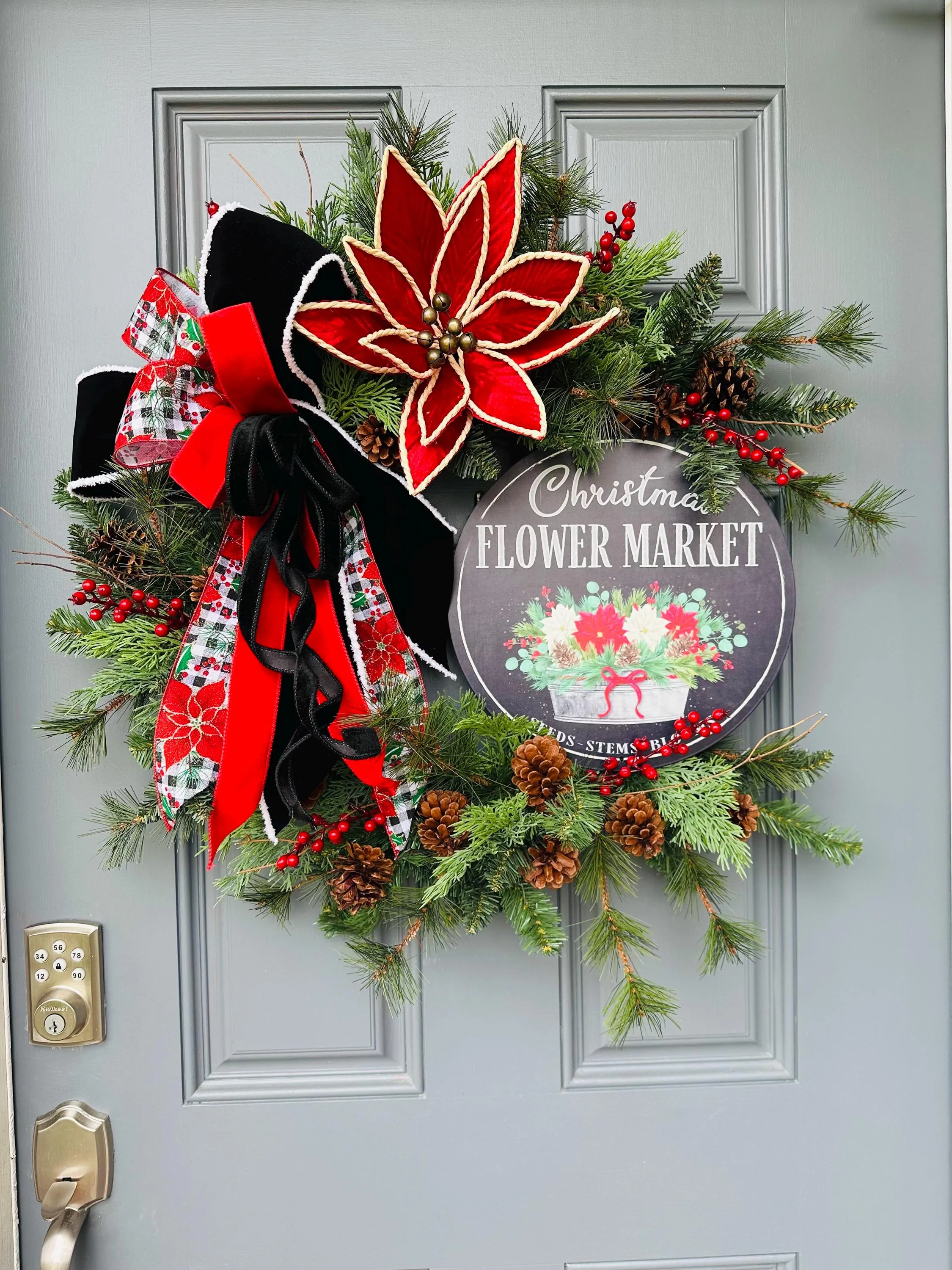 Rustic Christmas Wreath with Metal Flower Shop Sign