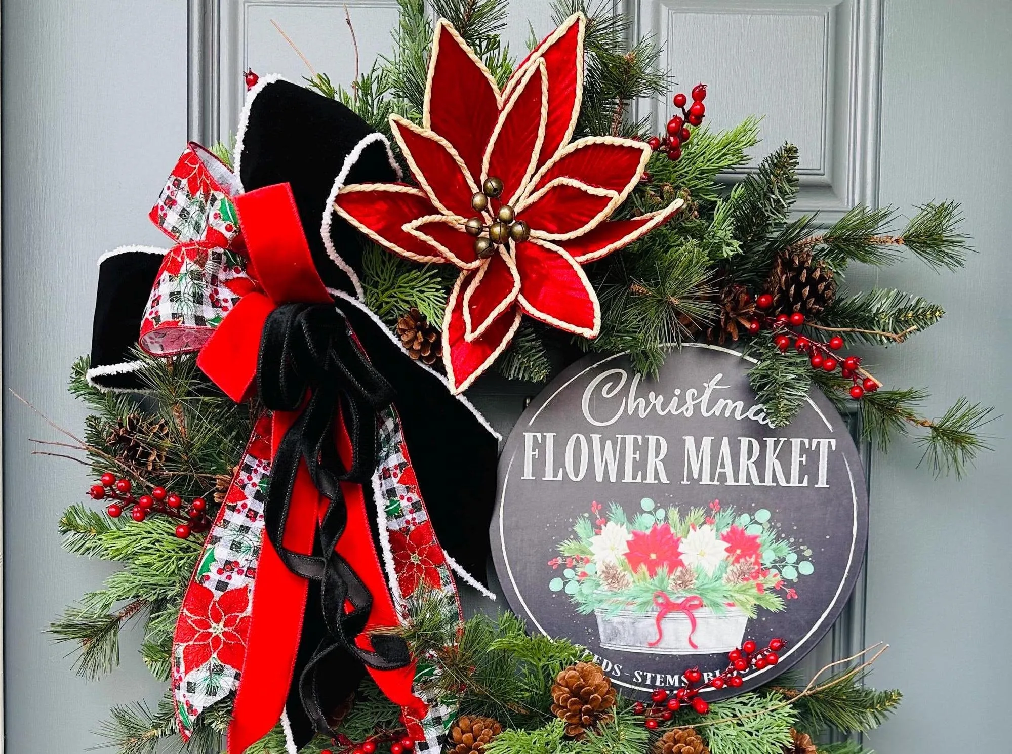 Rustic Christmas Wreath with Metal Flower Shop Sign