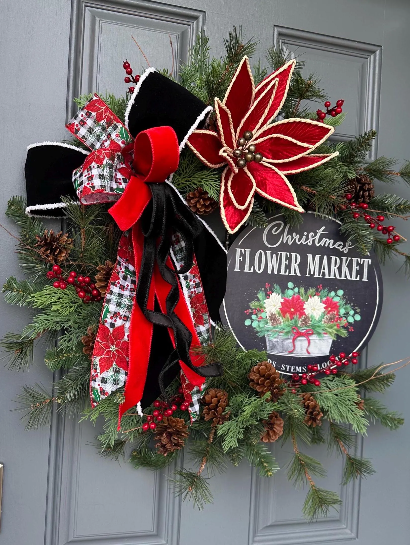 Rustic Christmas Wreath with Metal Flower Shop Sign