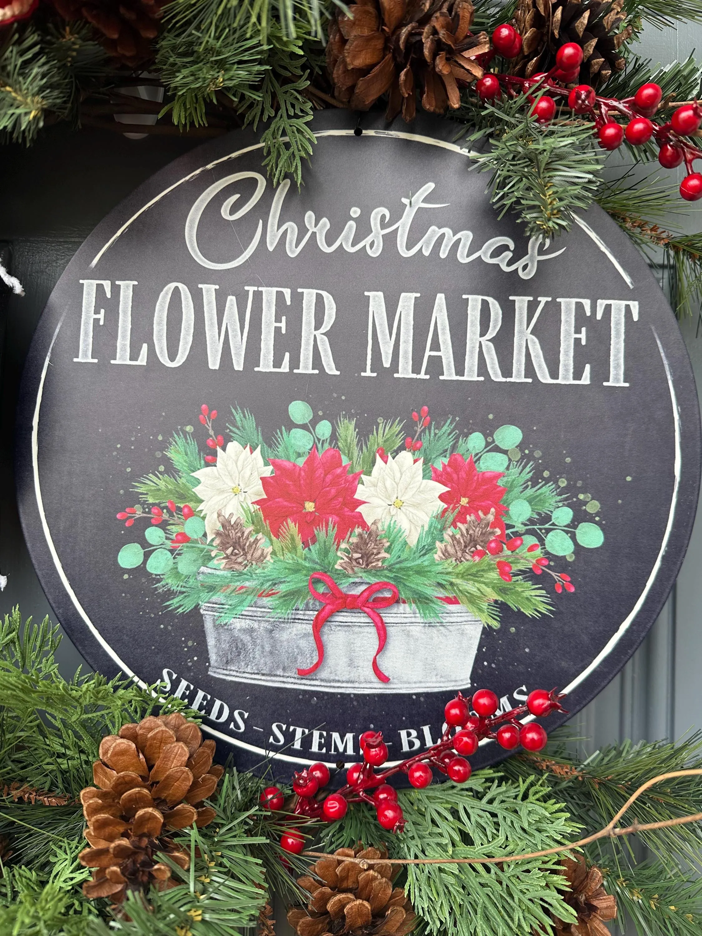 Rustic Christmas Wreath with Metal Flower Shop Sign