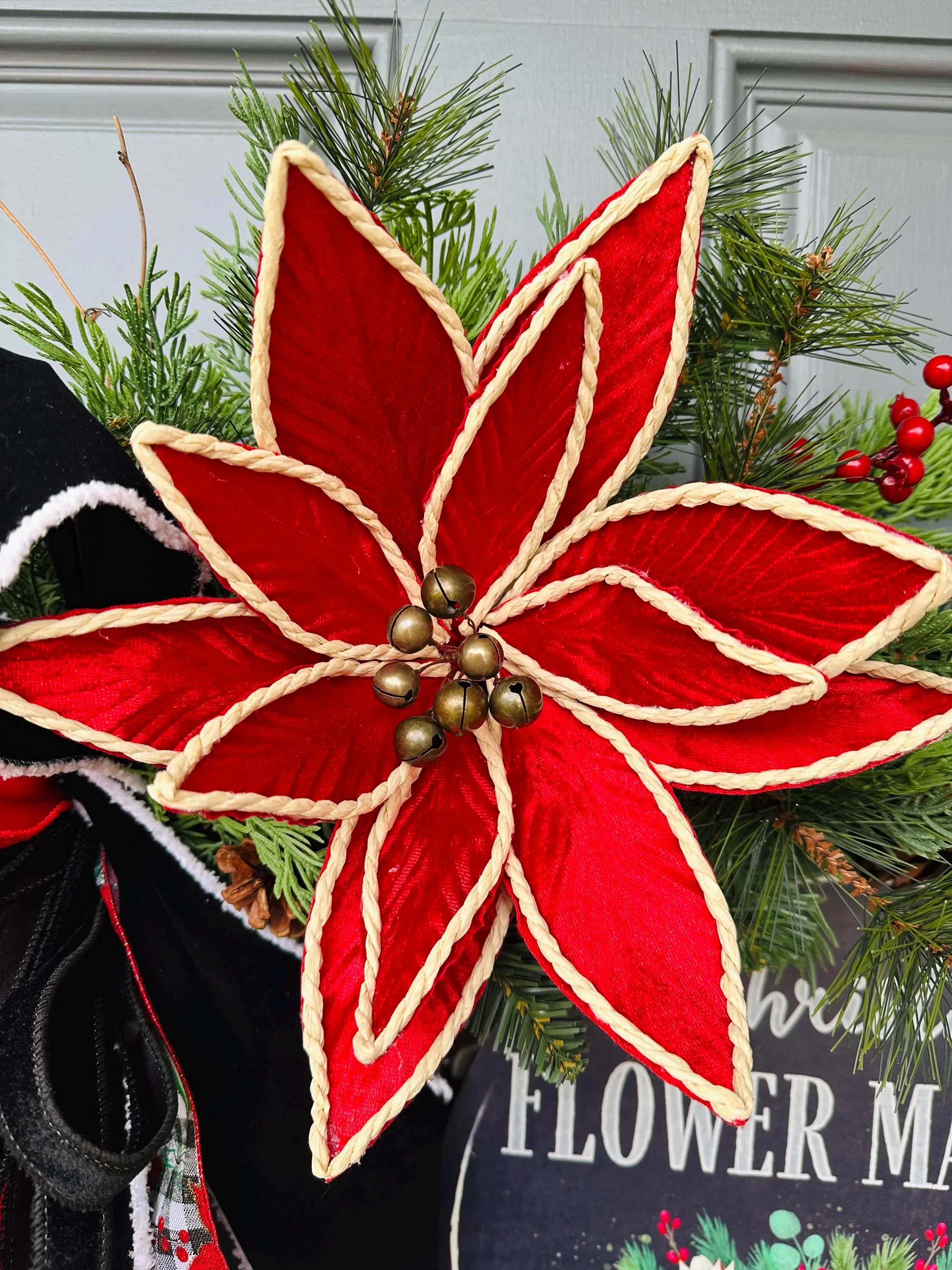 Rustic Christmas Wreath with Metal Flower Shop Sign