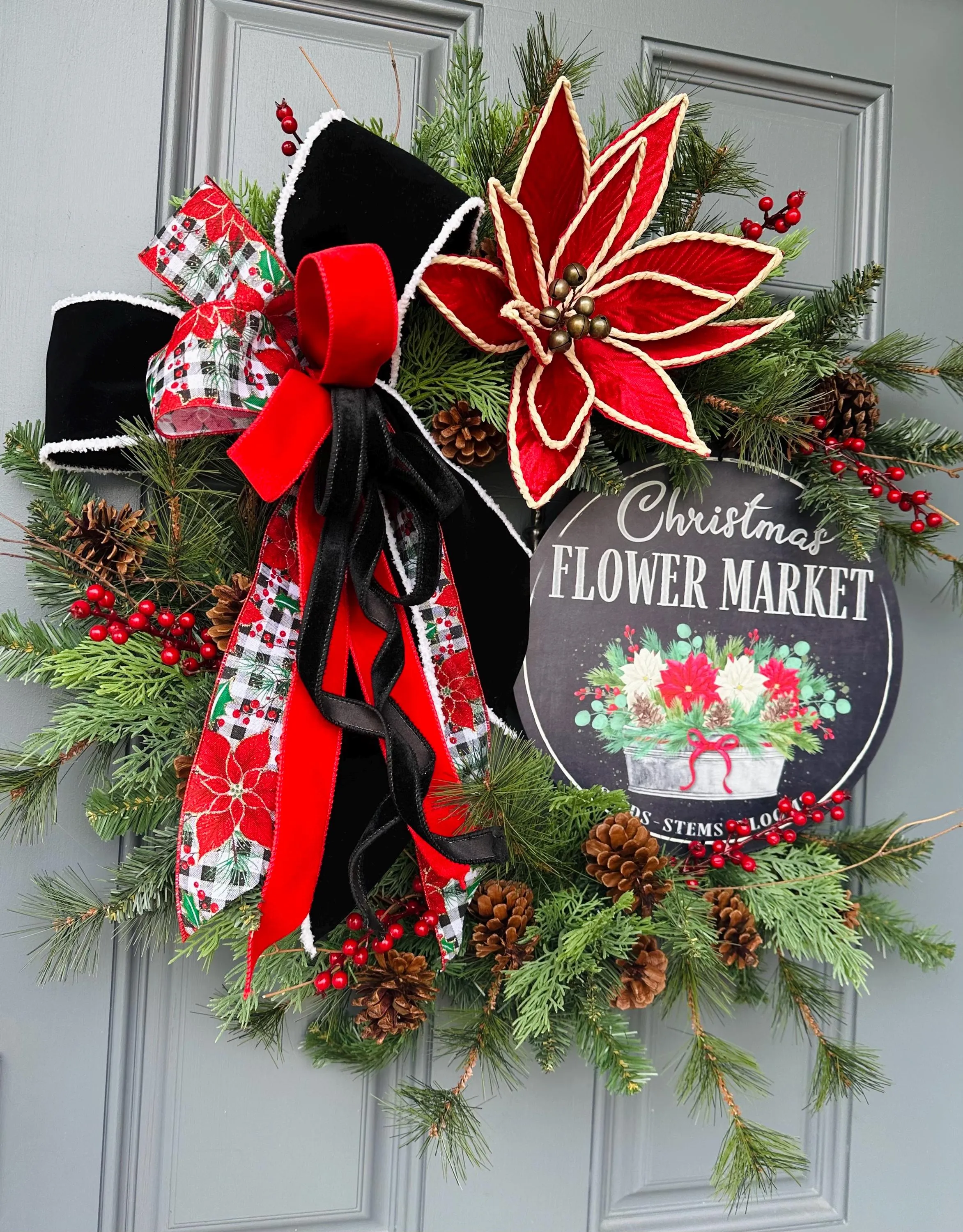 Rustic Christmas Wreath with Metal Flower Shop Sign