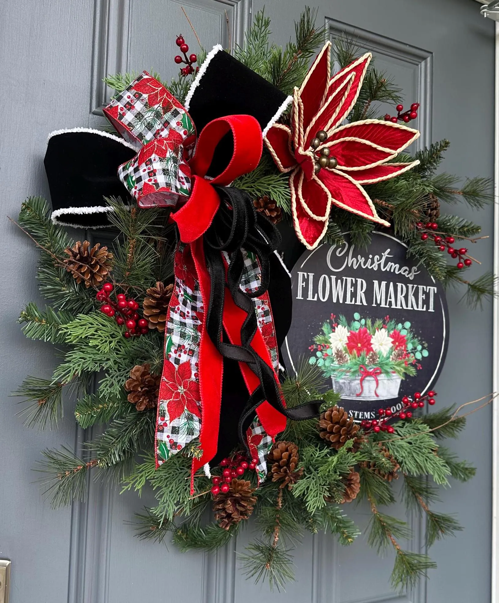 Rustic Christmas Wreath with Metal Flower Shop Sign