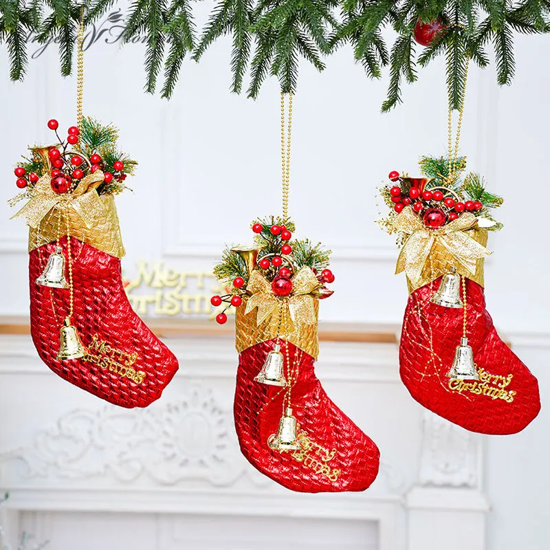 SD0408 "Merry Christmas" Santa Gold Red Socks Hanging Small Bells