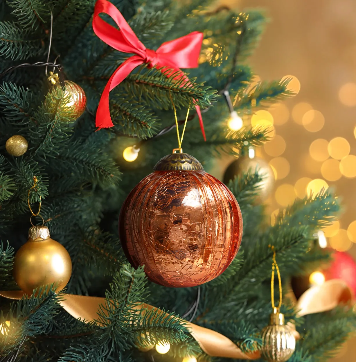 Set of 4 Pink Rose Gold Mercury Glass Ornaments (3.15" Grooved Crackle Ball)