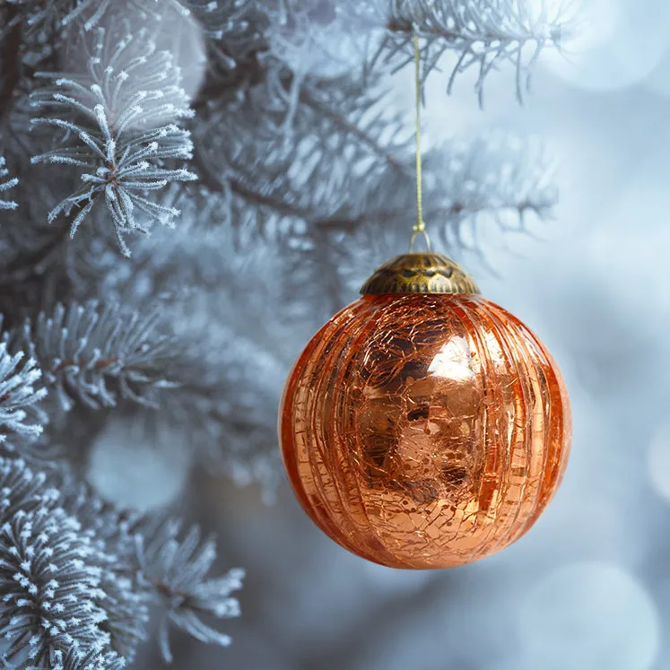 Set of 4 Pink Rose Gold Mercury Glass Ornaments (3.15" Grooved Crackle Ball)