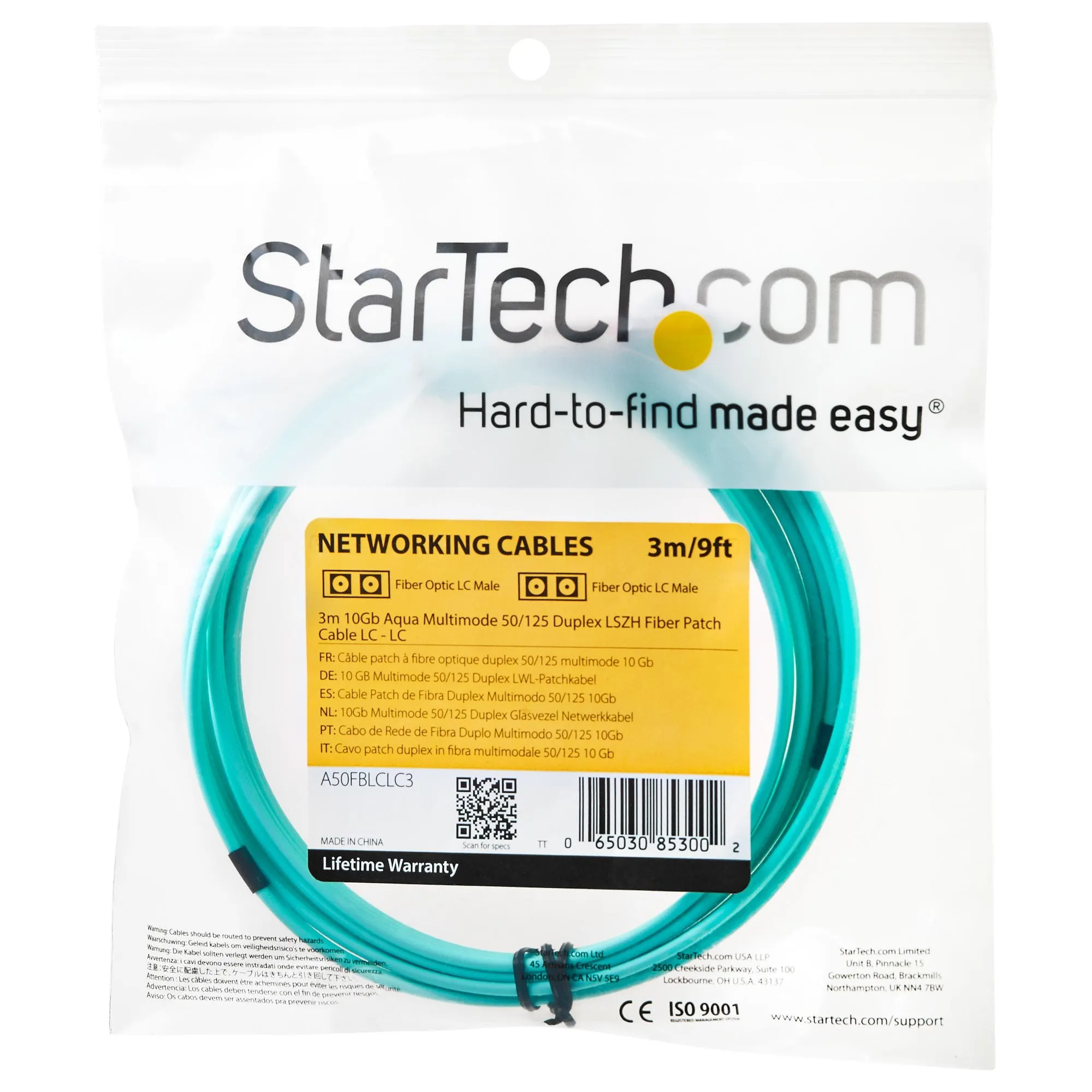 Startech.Com 3M Fiber Optic Cable - 10 Gb Aqua - Multimode Duplex 50/125 - Lszh - Lc/Lc - Om3 - Lc To Lc Fiber Patch Cab