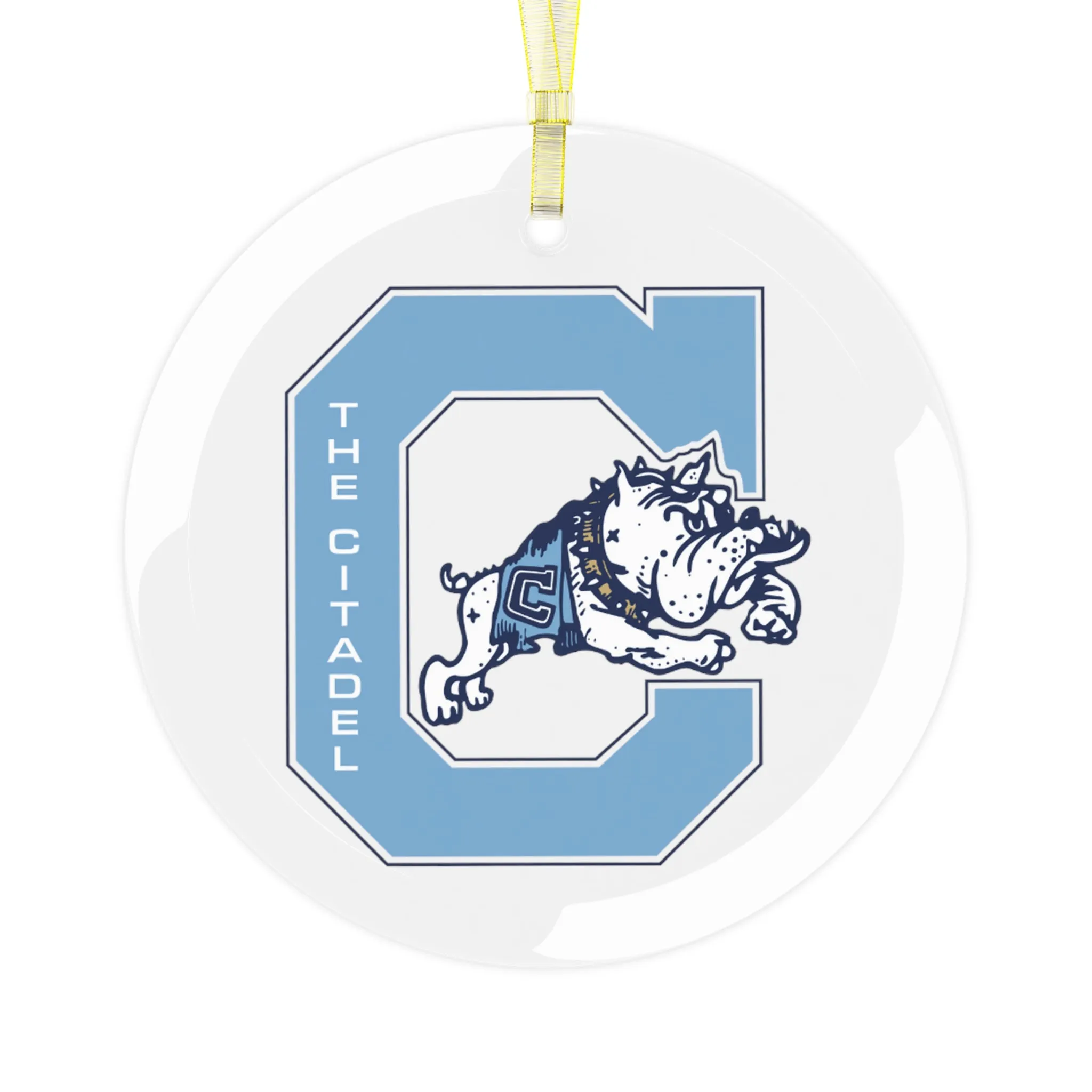 The Citadel, Jumping Bulldog C Vintage Logo, Glass Holiday Christmas Ornament