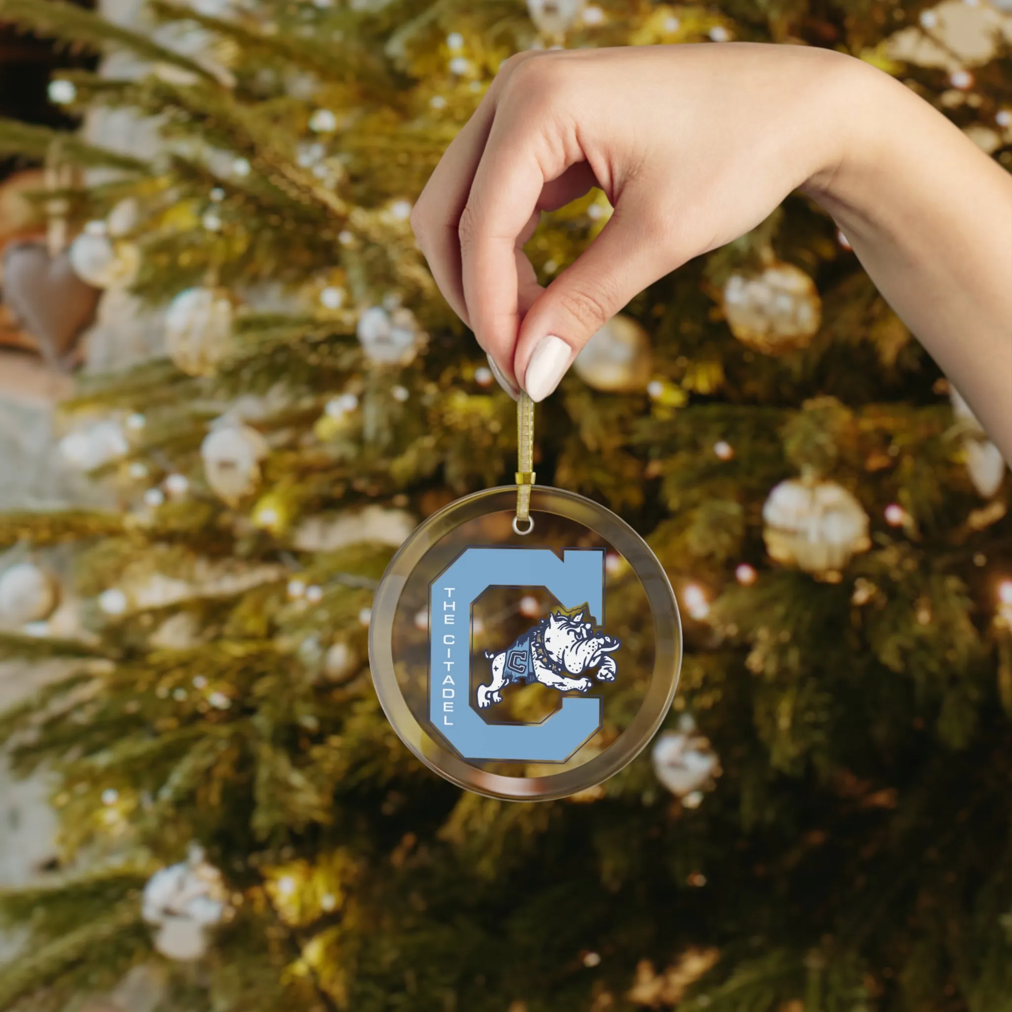 The Citadel, Jumping Bulldog C Vintage Logo, Glass Holiday Christmas Ornament