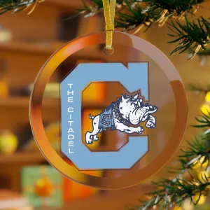 The Citadel, Jumping Bulldog C Vintage Logo, Glass Holiday Christmas Ornament