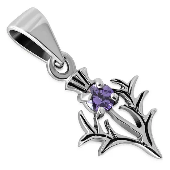 Tiny Amethyst CZ Thistle Silver Pendant