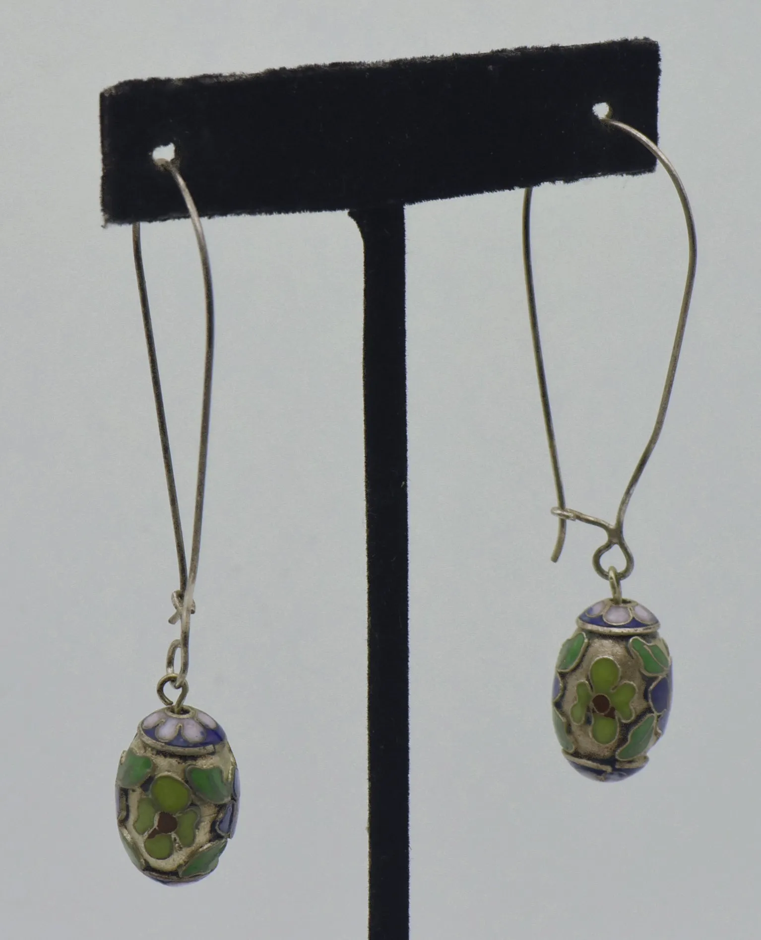 Vintage Floral Champleve Egg Dangle Earrings