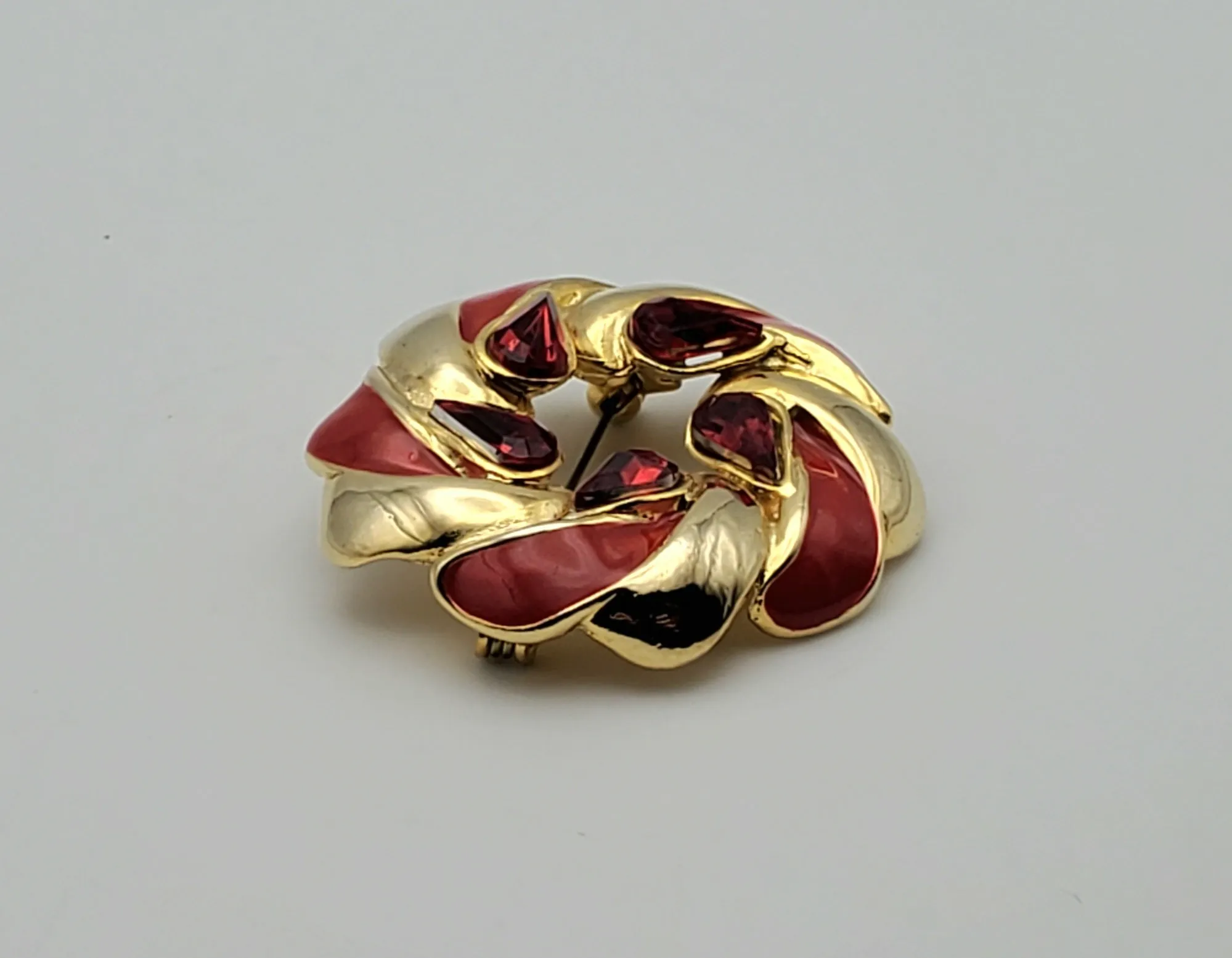 Vintage Gold Tone and Red Enamel Hoop Brooch