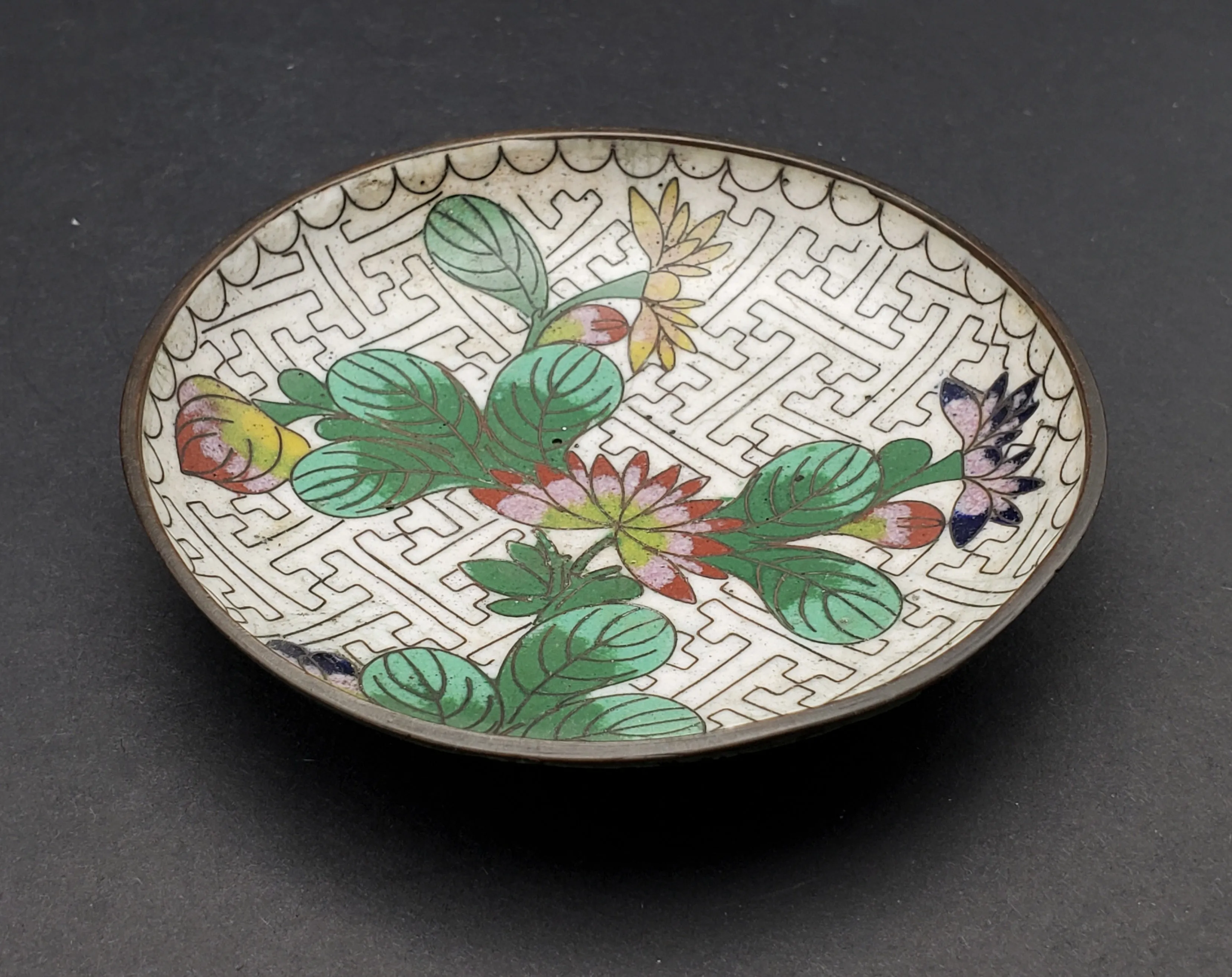 Vintage Small White Cloisonne Floral Dish